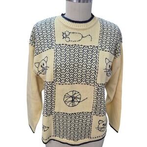 Vtg Cat Lady sweater Christopher & Banks Cotton Yellow Navy Blue Heart/Cats Sz L